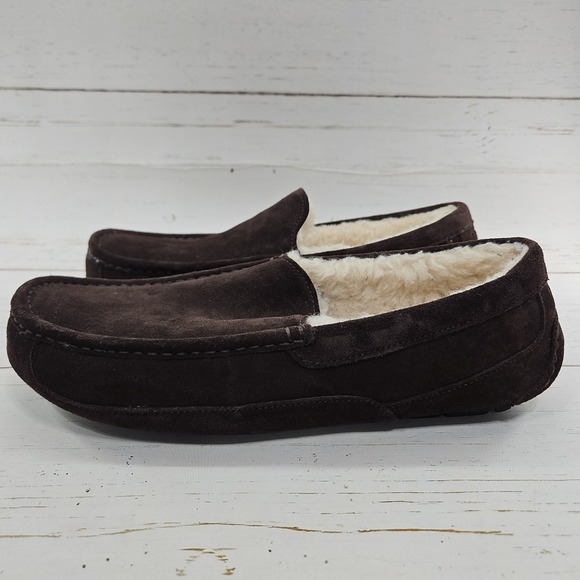 UGG Ascot Mens 13 Suede Slipper Moccasin Sheepskin Dark Cocoa Brown‎ 1101110
